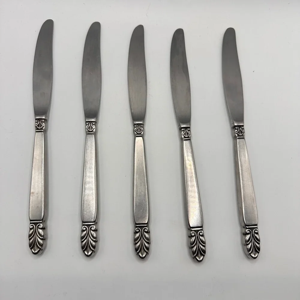 Vintage Nordic Crown Stainless Steel Dinner Knives Set of 5 Scroll Leaf Norse